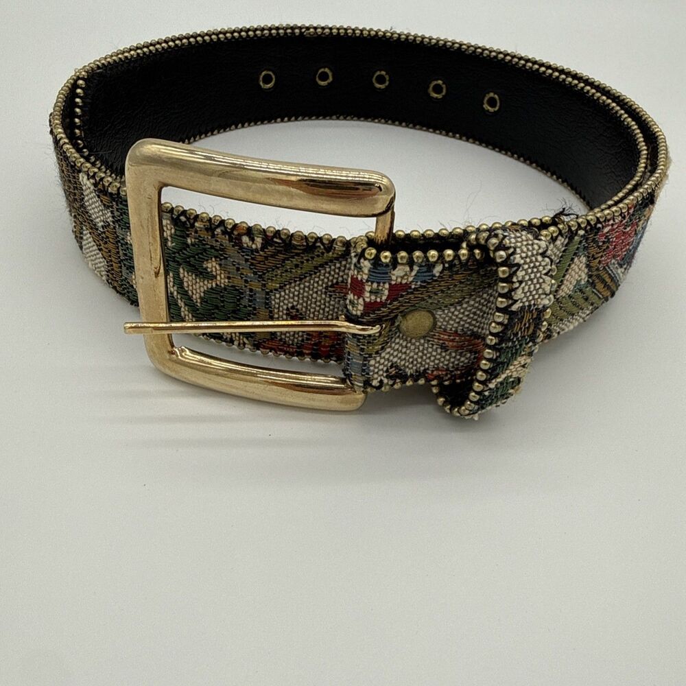 Vintage Women’s Tapestry Belt Bonded Leather M/L  Bohemian Gold Colored Hardware